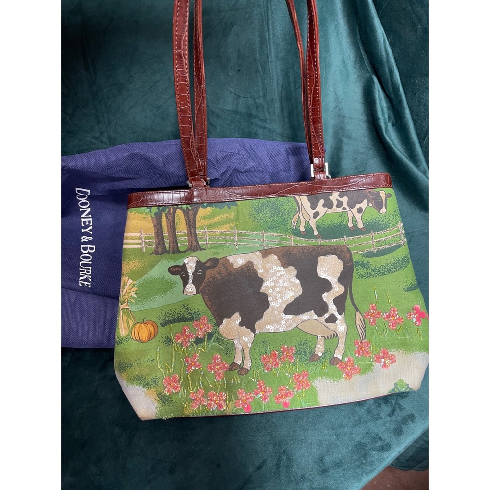 Dooney & Bourke Cow Pastoral Scene Tote Bag Sequin Bead Croc Embossed Leather